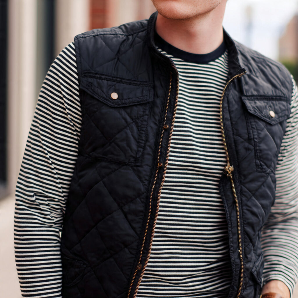 22 Best Fall Transition Outfits Ideas for Effortless Summer-to-Autumn Style 20 Quilted Vest over Striped Long Sleeve Tee