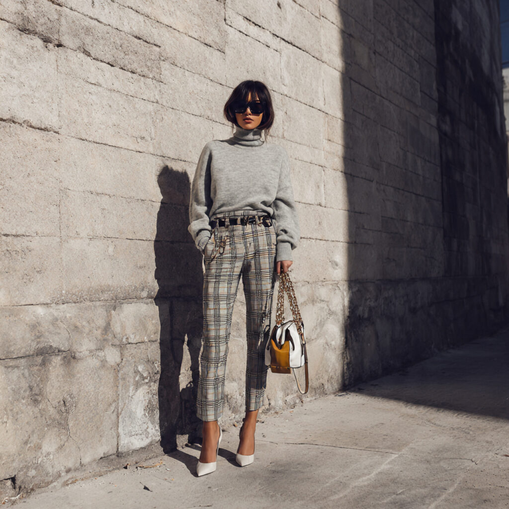 Ribbed Turtleneck and Plaid Trousers