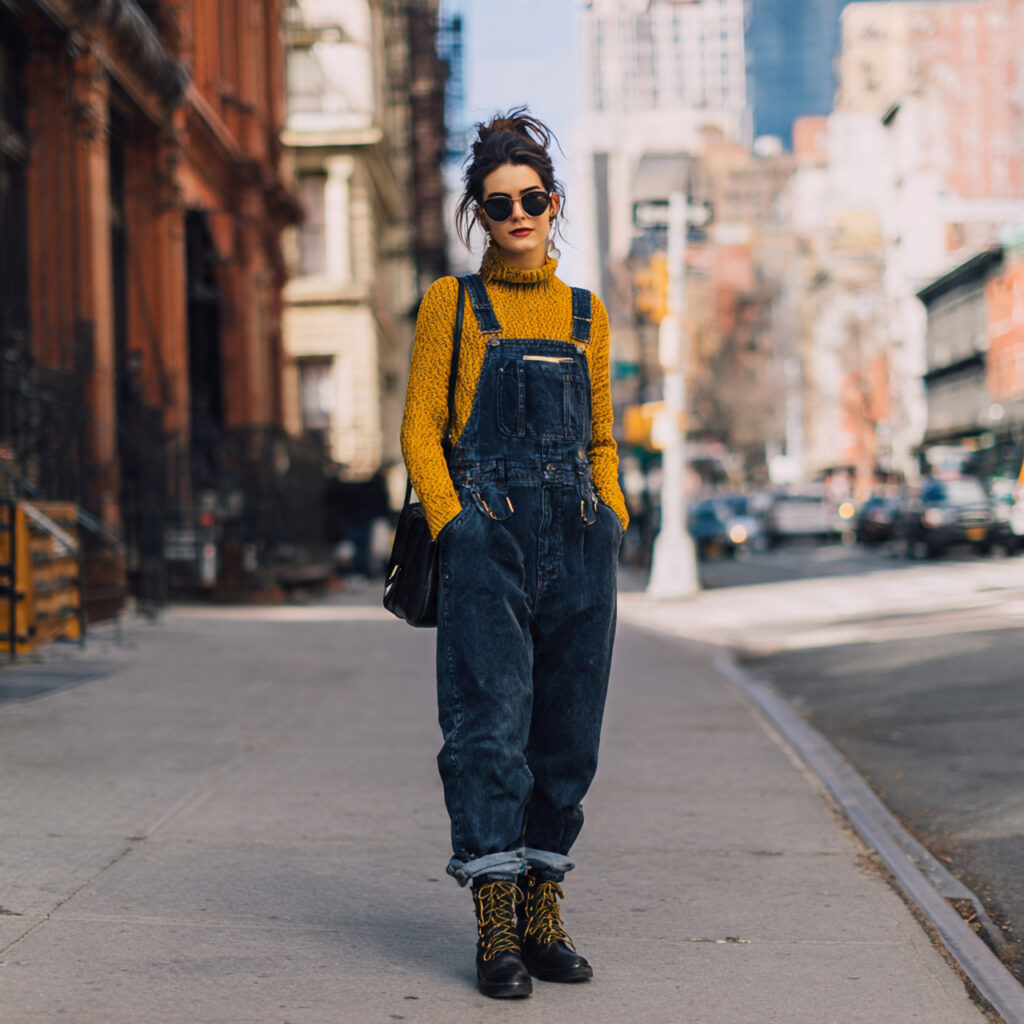 Ribbed Turtlenecks Under Denim Overalls