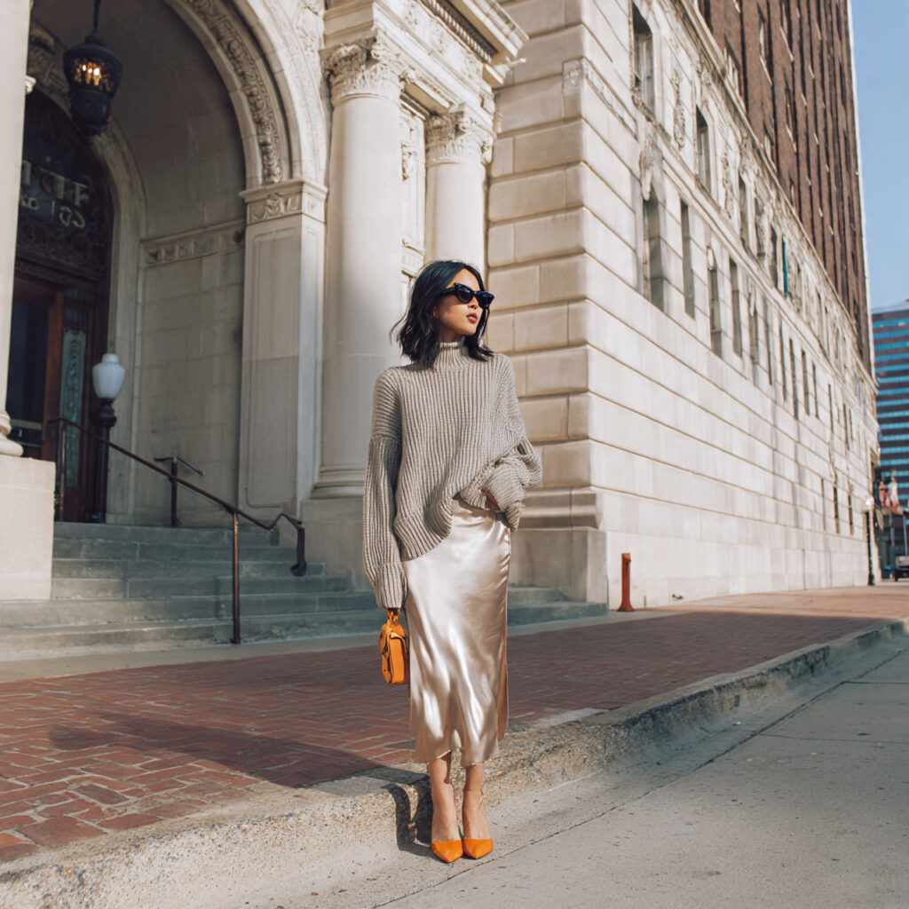 Satin Slip Skirt paired with Oversized Knit Sweater