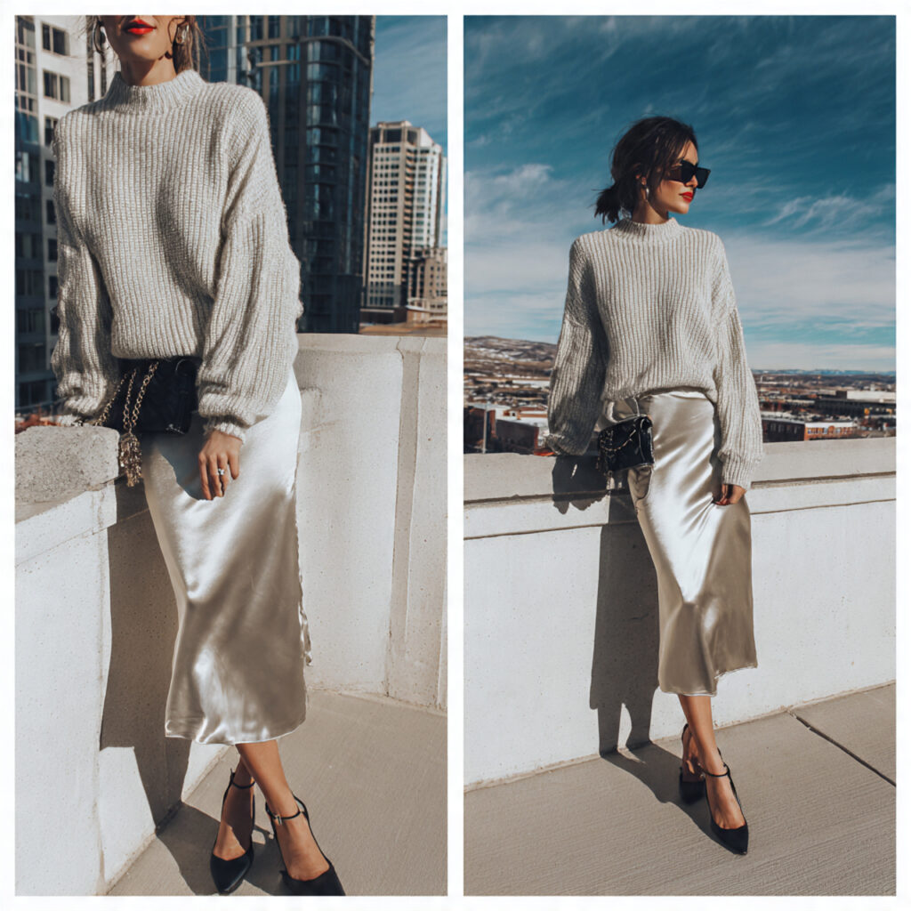 Satin Slip Skirt with Chunky Sweater