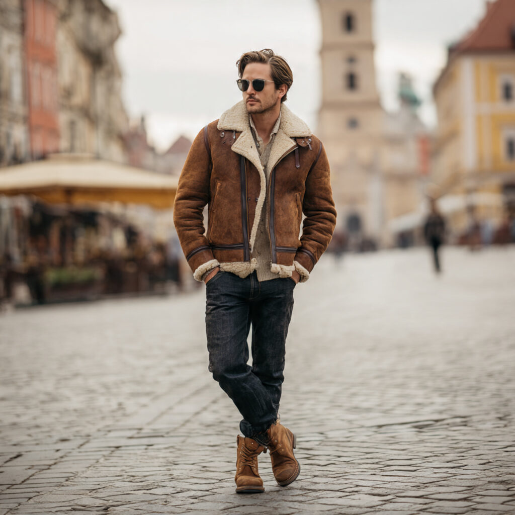 22 Best European Fall Outfits Ideas for a Sophisticated Wardrobe 13 Shearling Aviator Jackets with Dark Wash Jeans