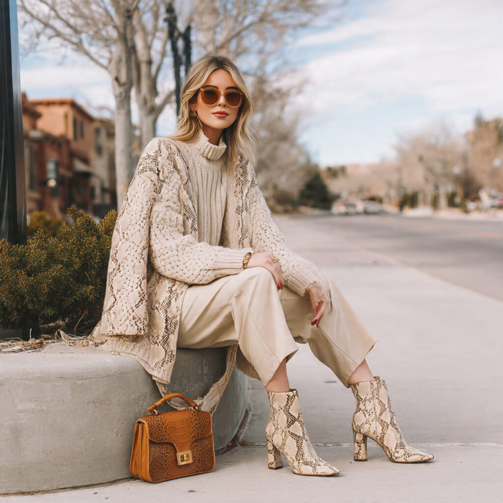 Snakeskin Print Boots and Neutral Knits