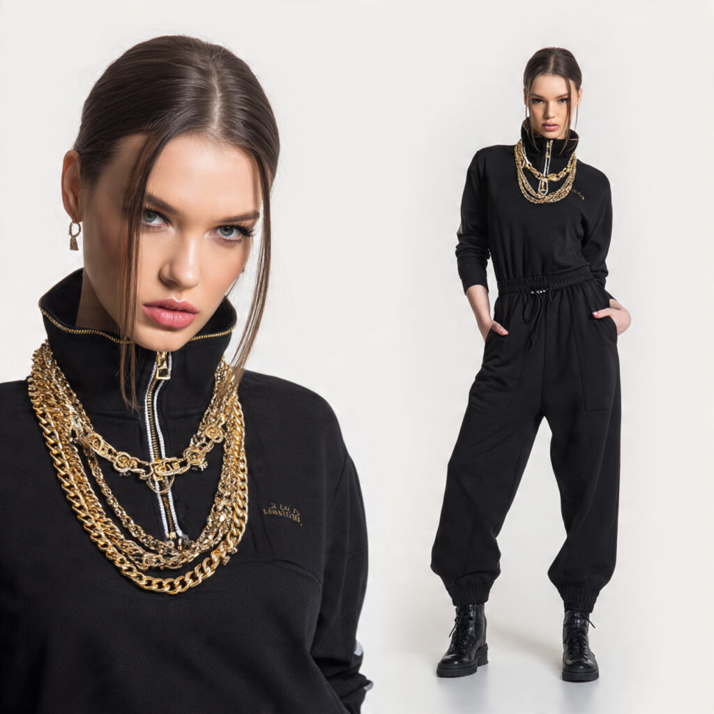 Sporty Tracksuit with Gold Layered Necklaces