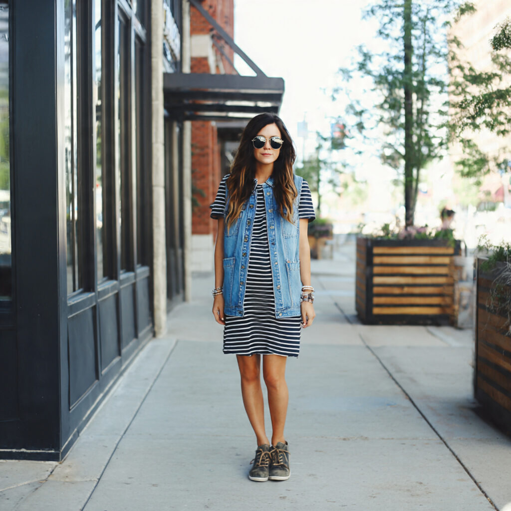 Striped T-Shirt Dress and Oversized Denim Vest