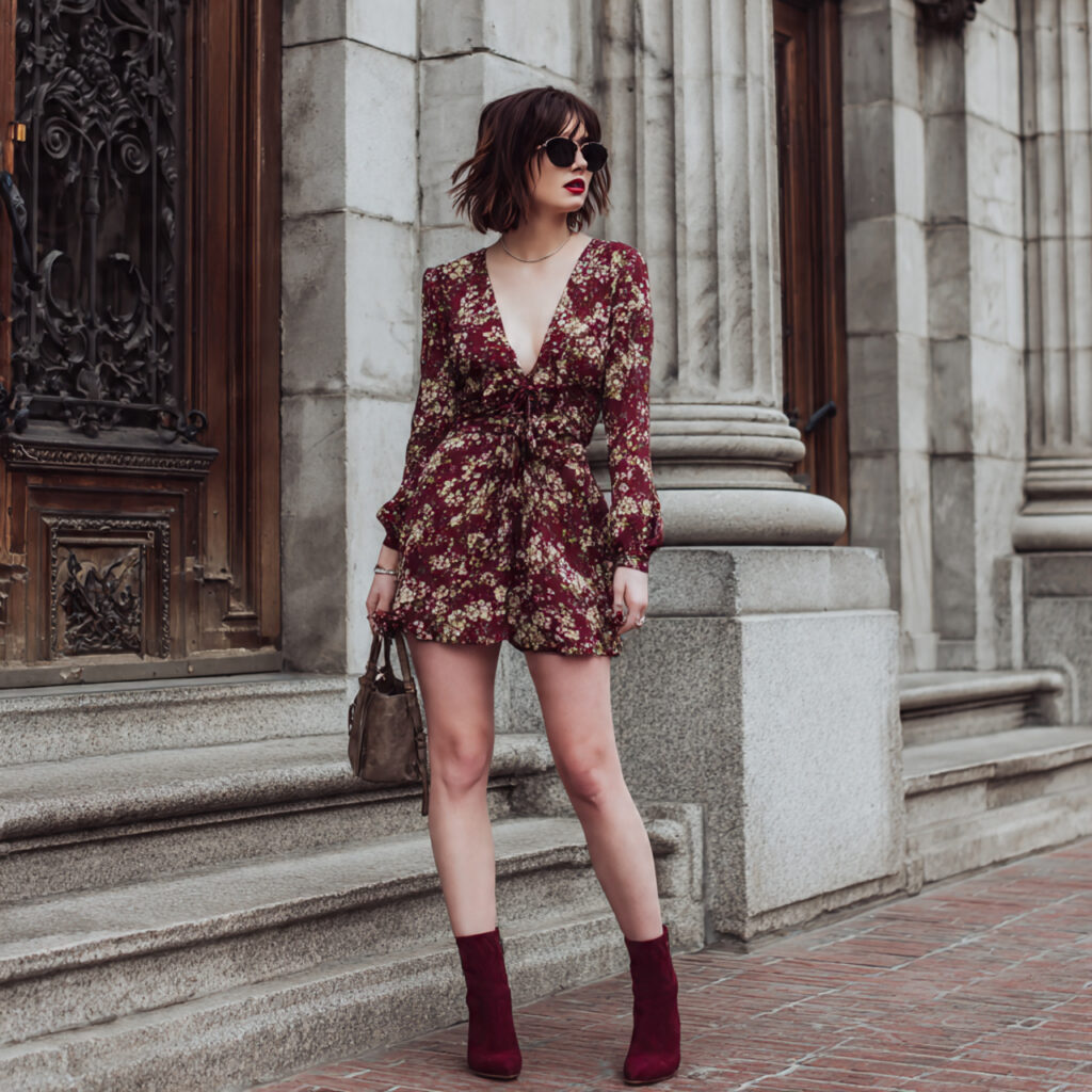22 Best Fall Transition Outfits Ideas for Effortless Summer-to-Autumn Style 3 Suede Ankle Boots and Floral Minidress