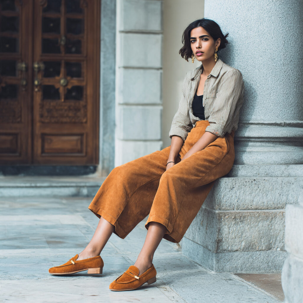 Suede Loafers paired with Ankle Length Culottes