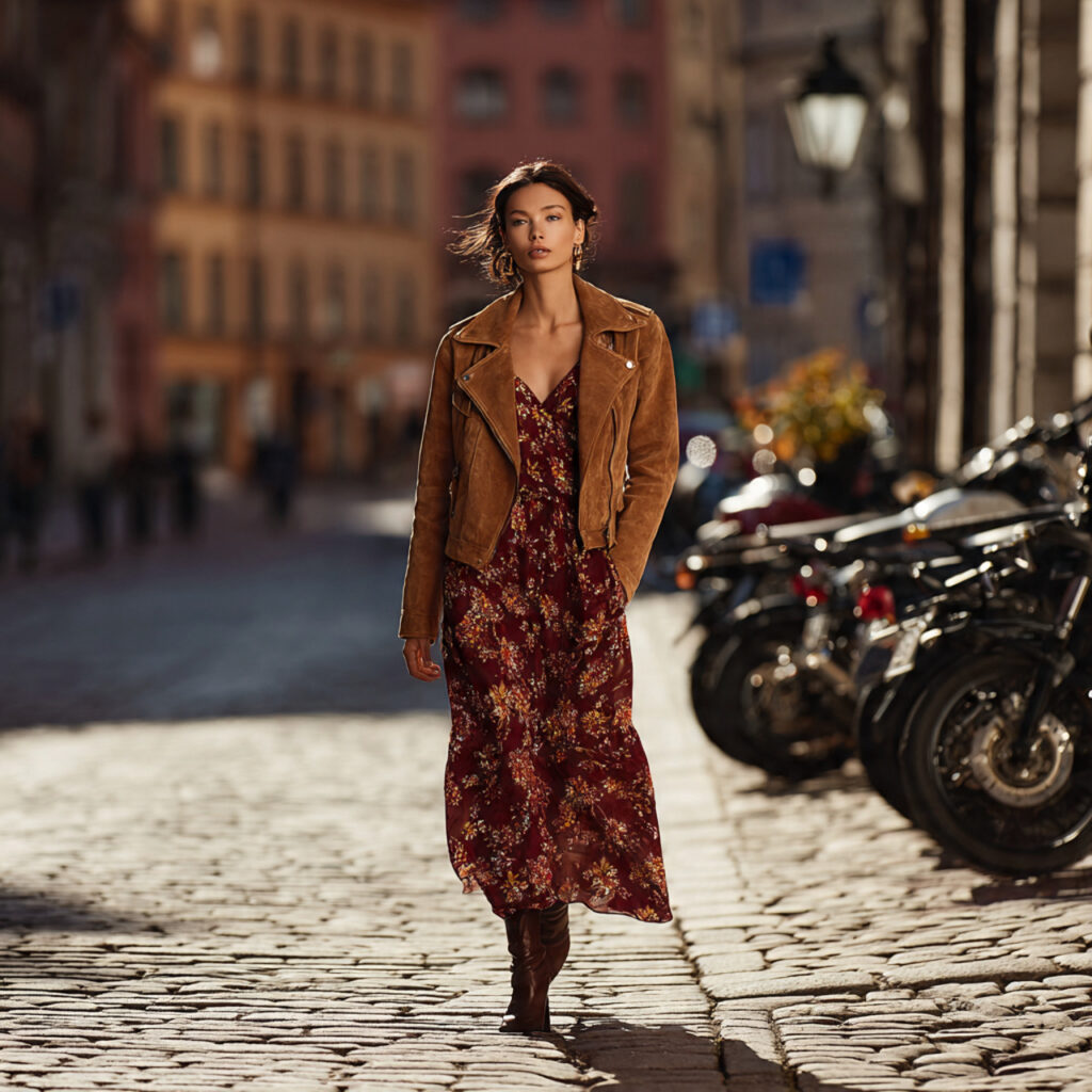 22 Best European Fall Outfits Ideas for a Sophisticated Wardrobe 16 Suede Moto Jackets with Floral Fall Midis