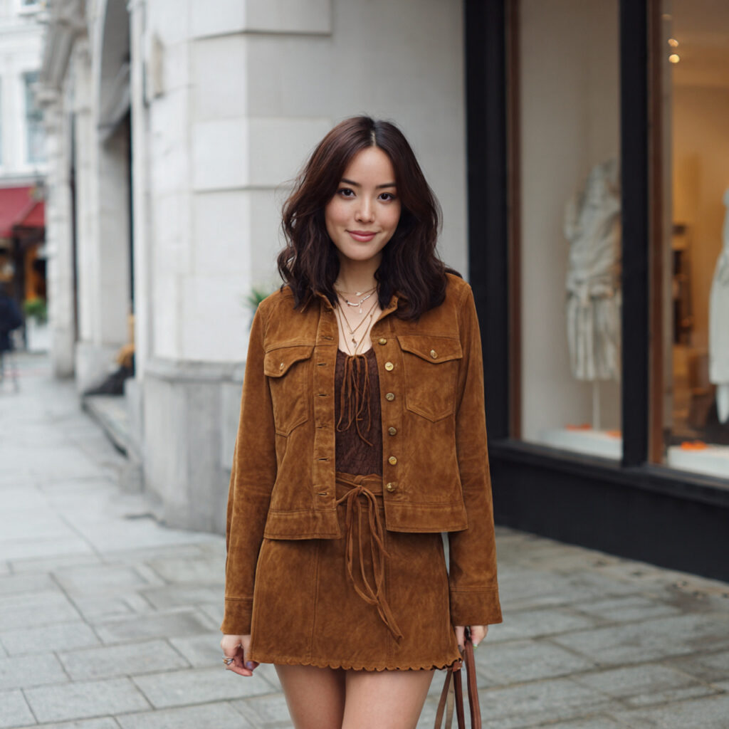 22 Best Fall Transition Outfits Ideas for Effortless Summer-to-Autumn Style 15 Suede Shirt Jacket and Mini Skirt