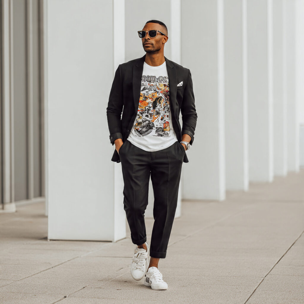 Tailored Blazer with Graphic T-Shirt and Sneakers