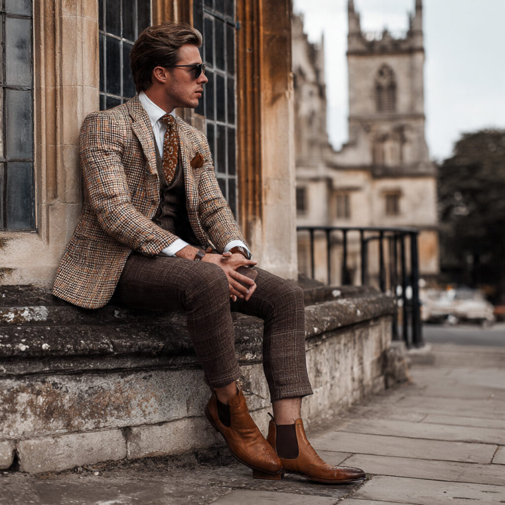 Tan Chelsea Boots and Windowpane Check Blazers