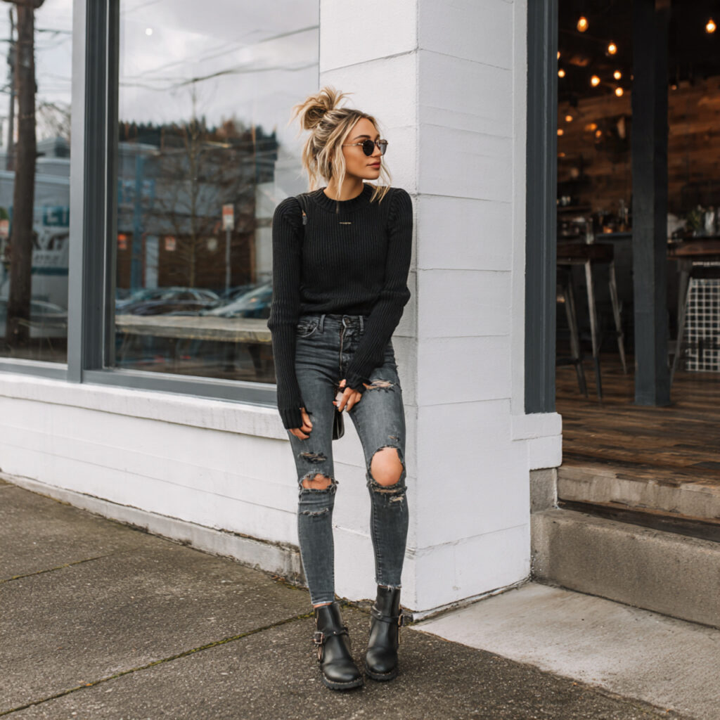 Thermal Leggings Under Distressed Jeans