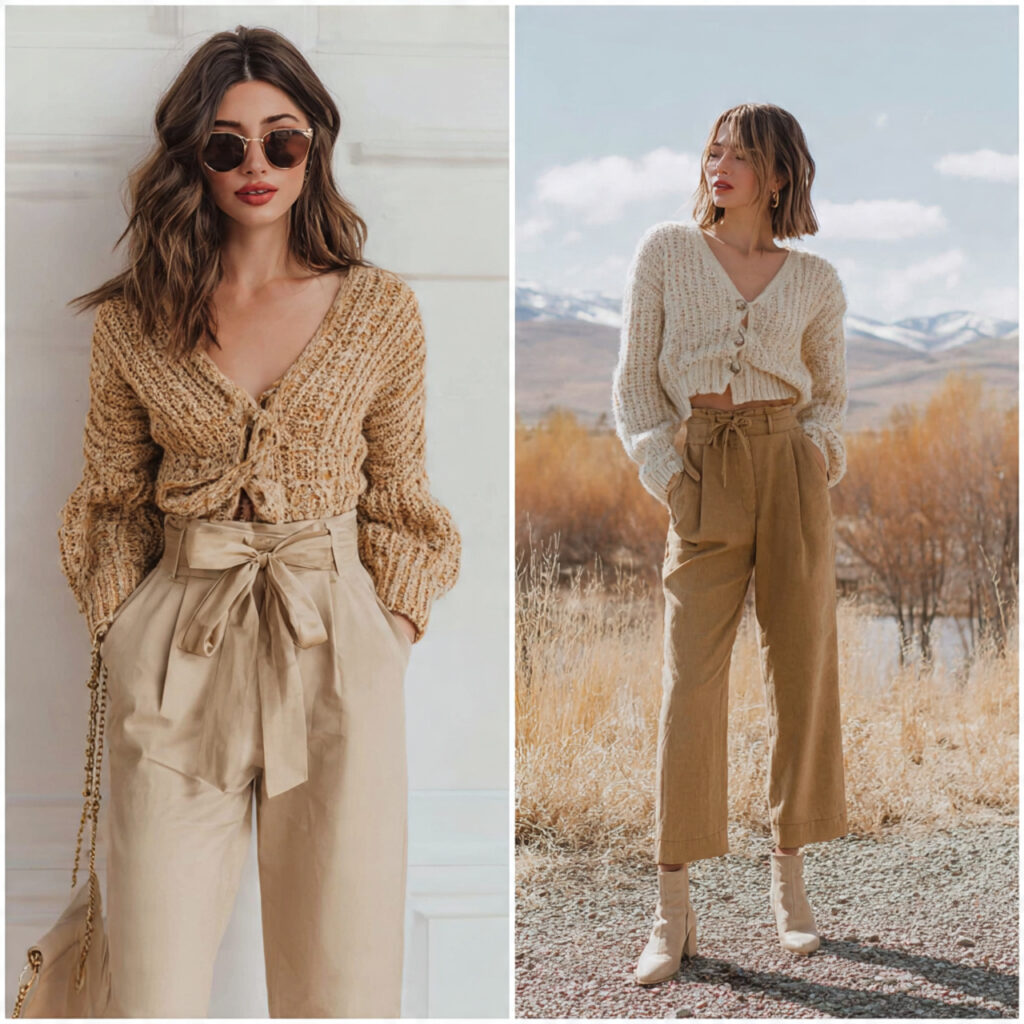 Tie Front Cardigans and High Waisted Trousers