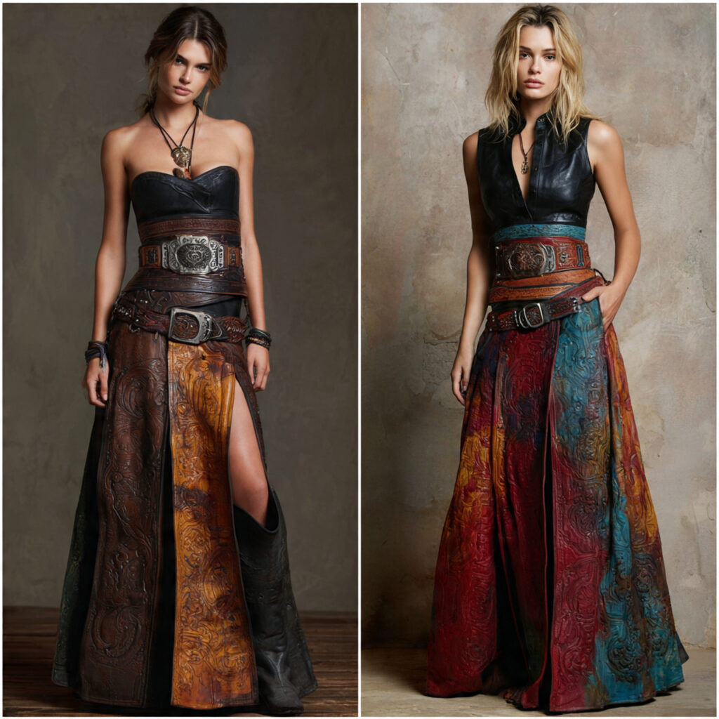 Tooled Leather Belts with Maxi Skirts
