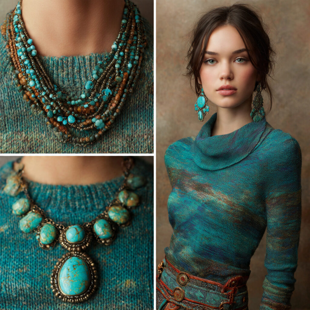 Turquoise Jewelry Accents and Knit Sweaters