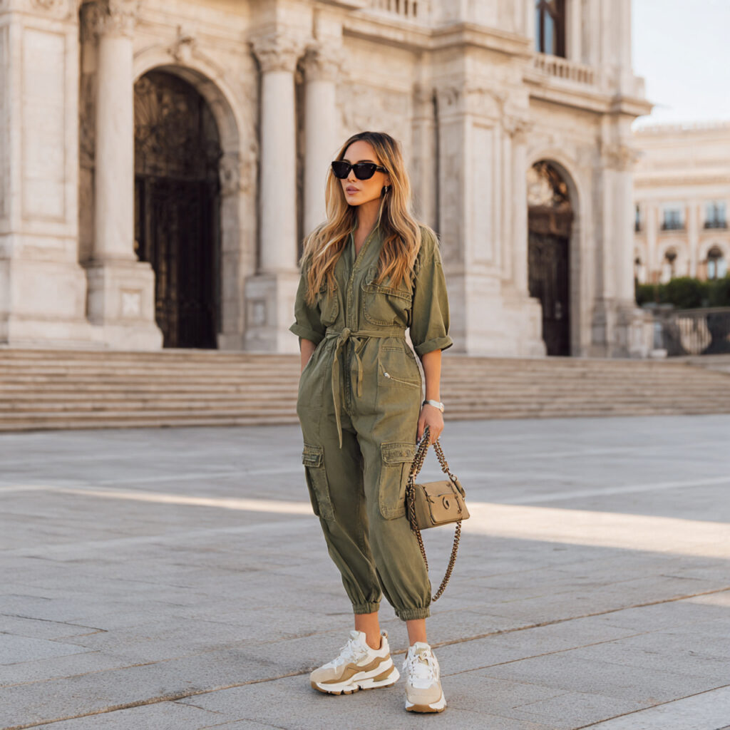 Utility Jumpsuit with Chunky Platform Sneakers