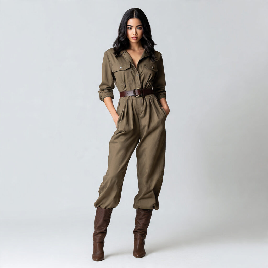 Utility Jumpsuit with Waist Cinching Leather Belt
