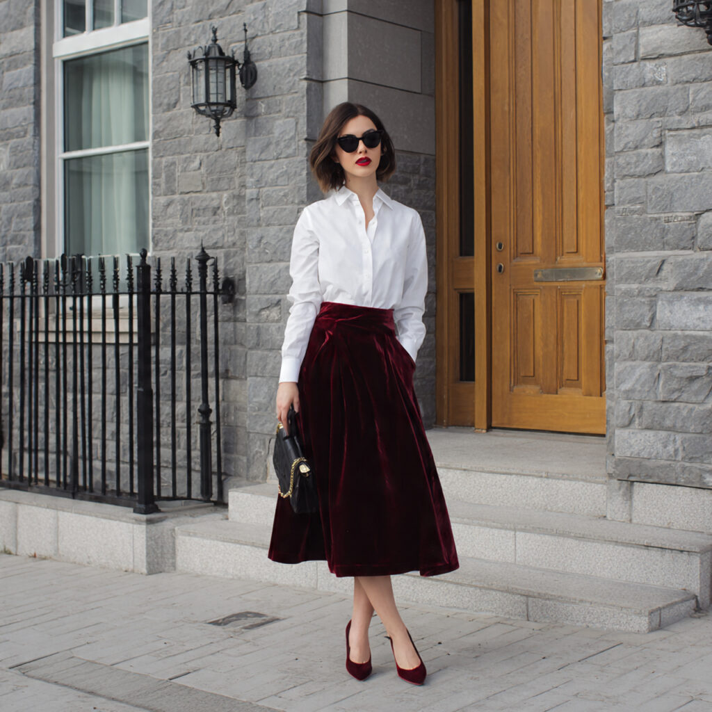 Velvet Midi Skirt and Crisp White Shirt