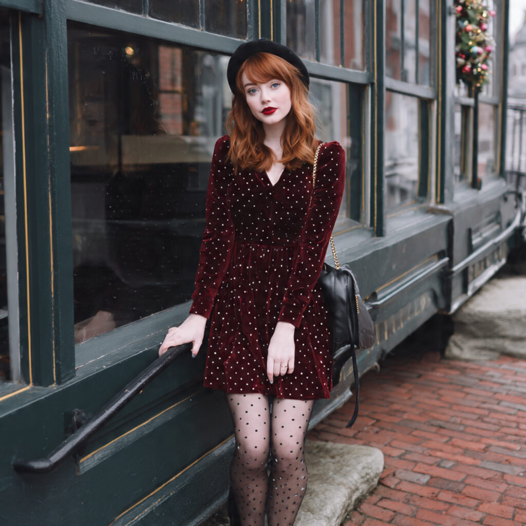 Velvet Skater Dress with Sheer Polka Dot Tights