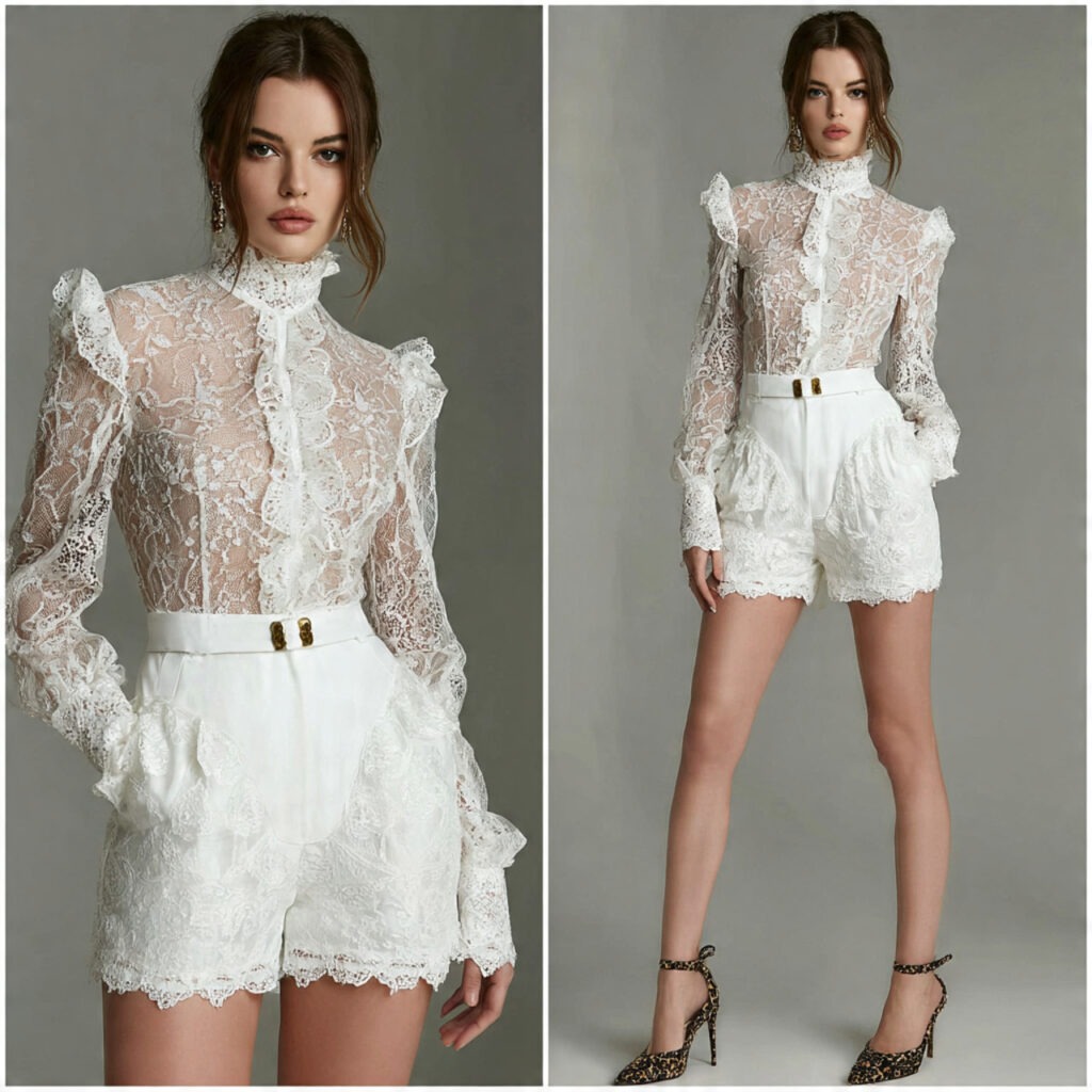Victorian Inspired High Neck Lace Blouse and Shorts