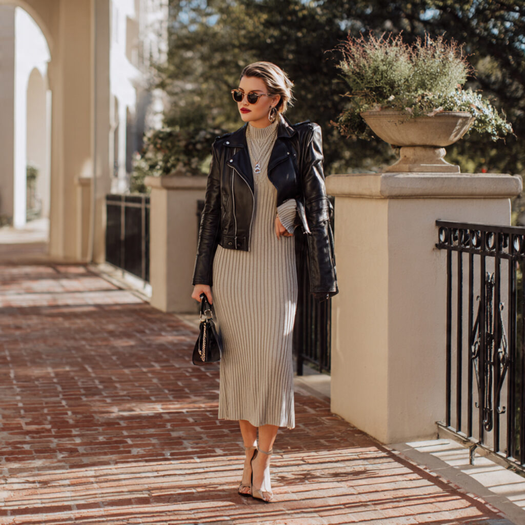 Vintage Leather Jacket Over a Ribbed Midi Dress