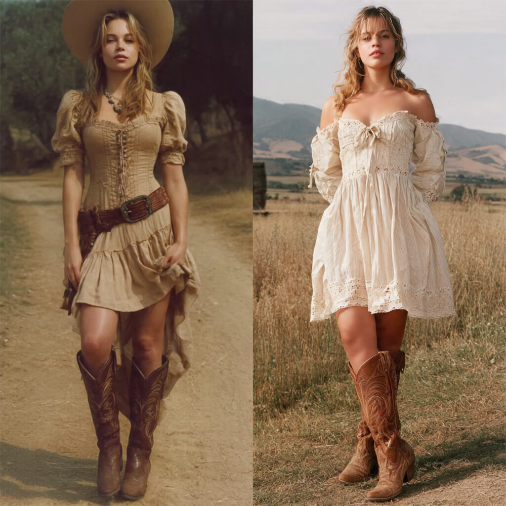 22 Best Fall Transition Outfits Ideas for Effortless Summer-to-Autumn Style 17 Western Boots and Eyelet Lace Dresses