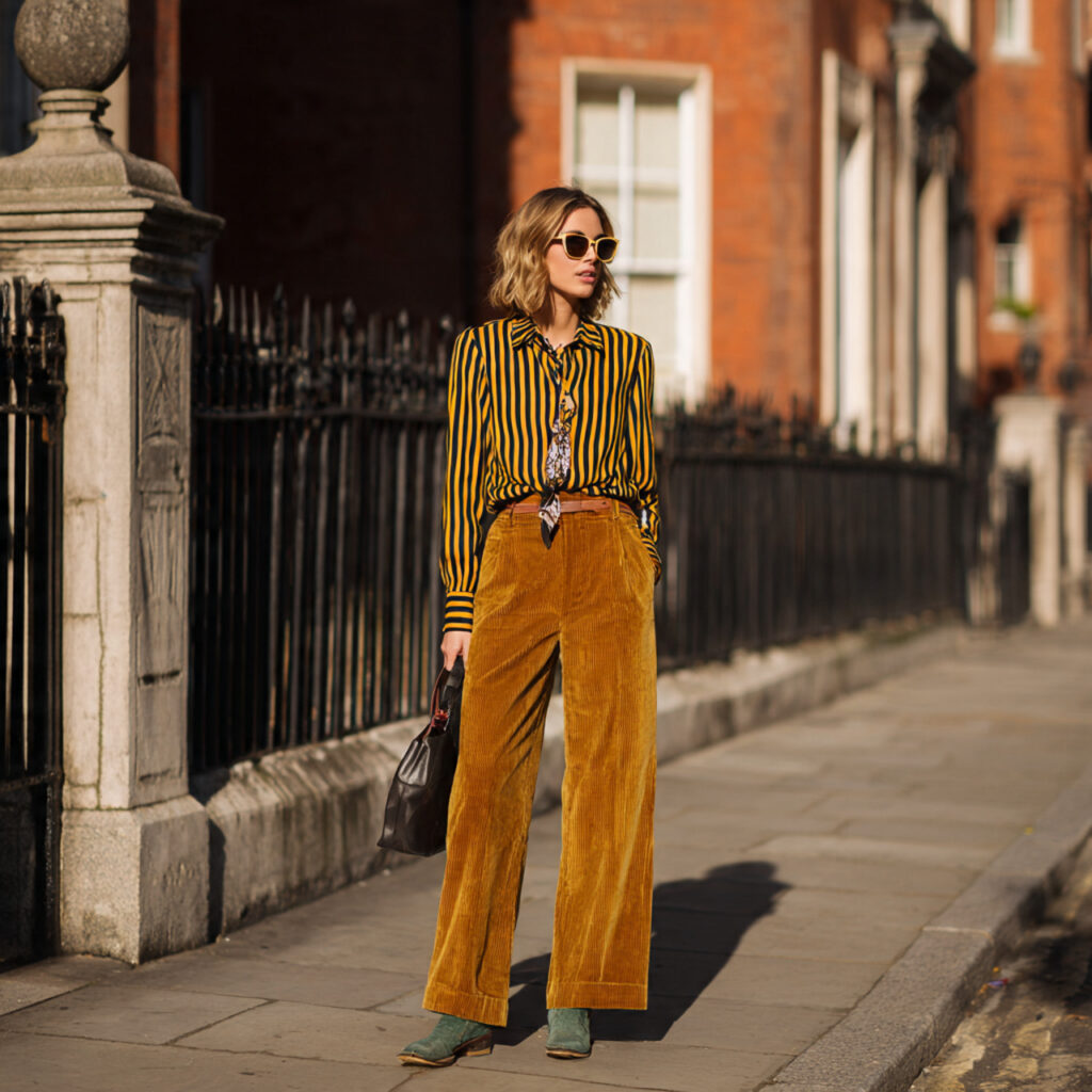 Wide Leg Corduroy Trousers and Striped Shirts