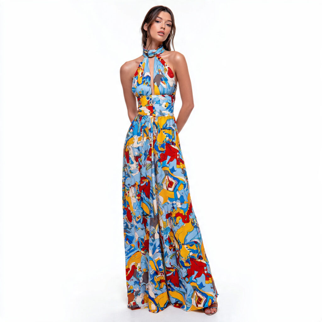 Backless Halter Dress in a Bold Print