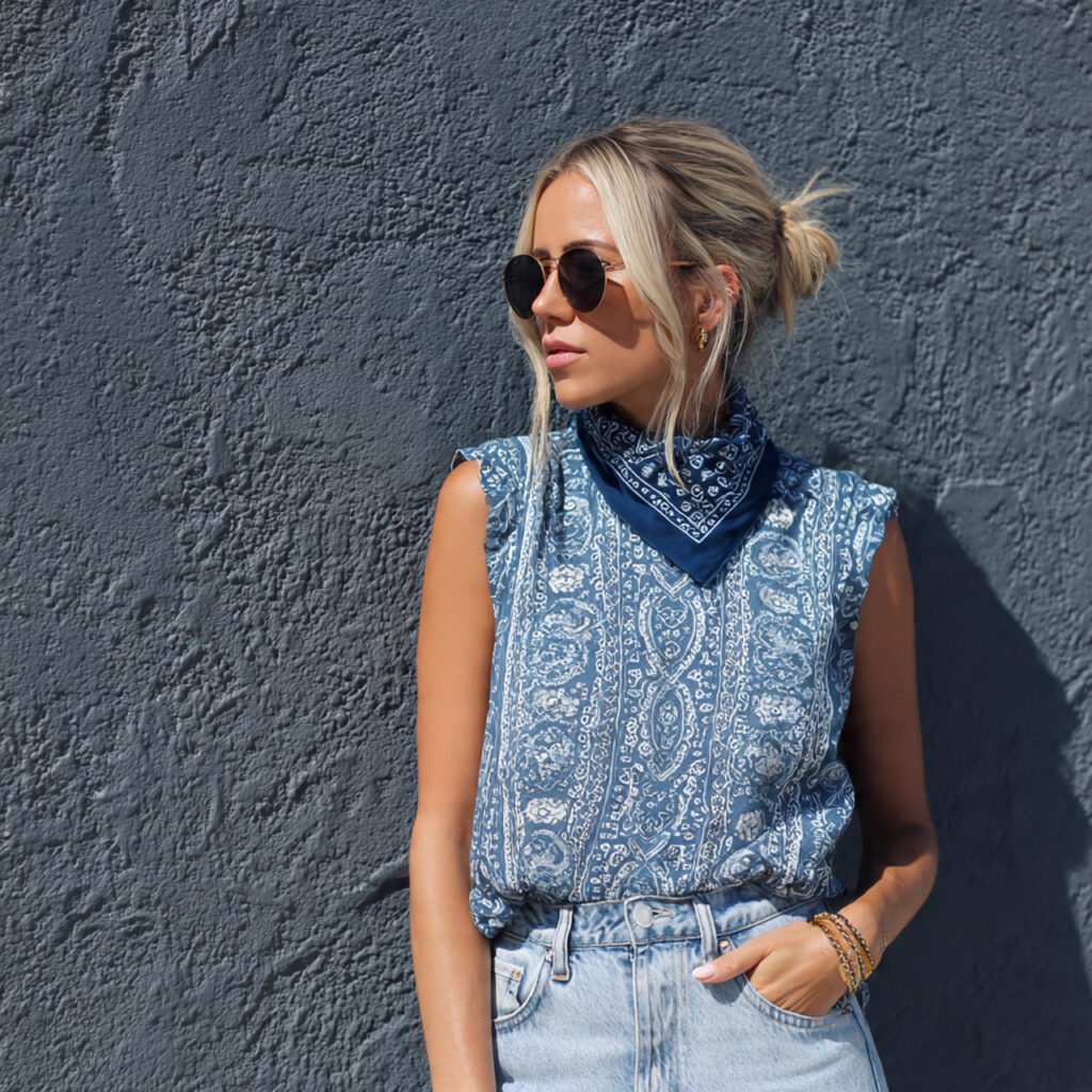 Bandana Print Tops and Raw Hem Denim