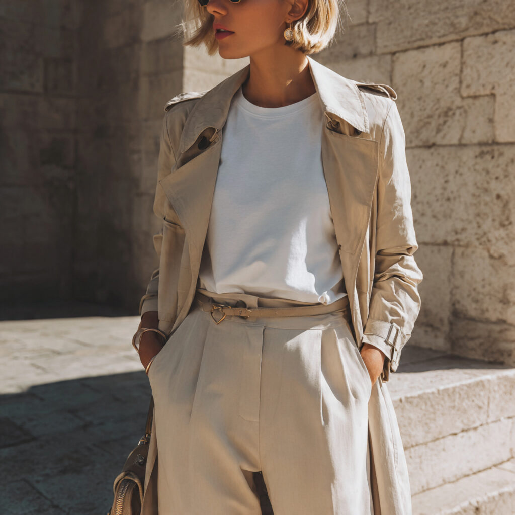 Beige Trench Coat over White Tee