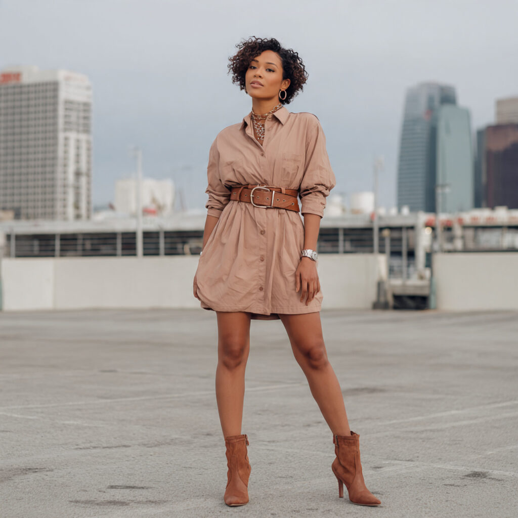 Belted Shirtdress and Ankle Boots Idea
