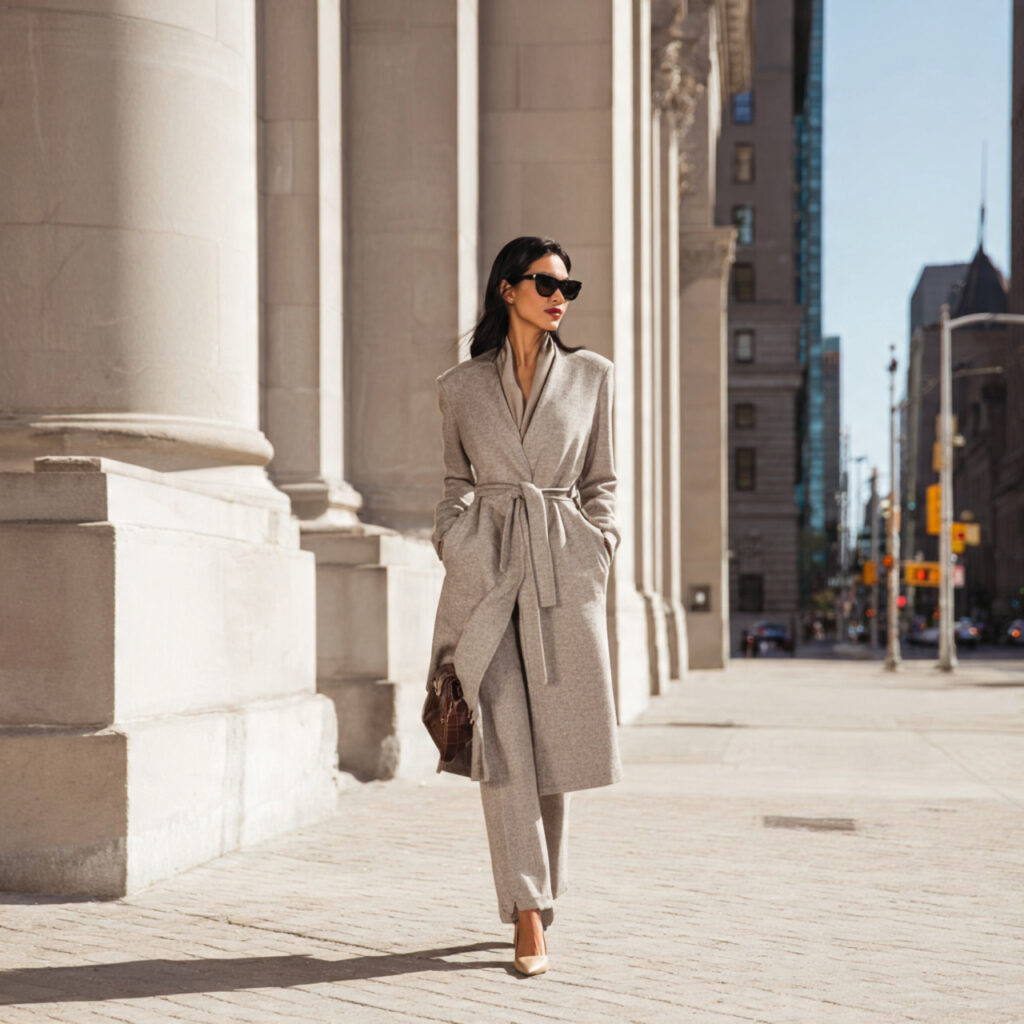 Belted Wool Coat and Straight Leg Slacks