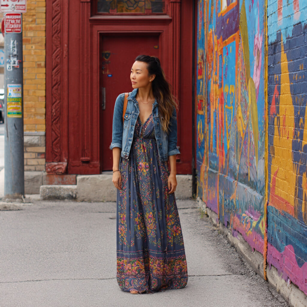 Bohemian Maxi Dress with Denim Jacket