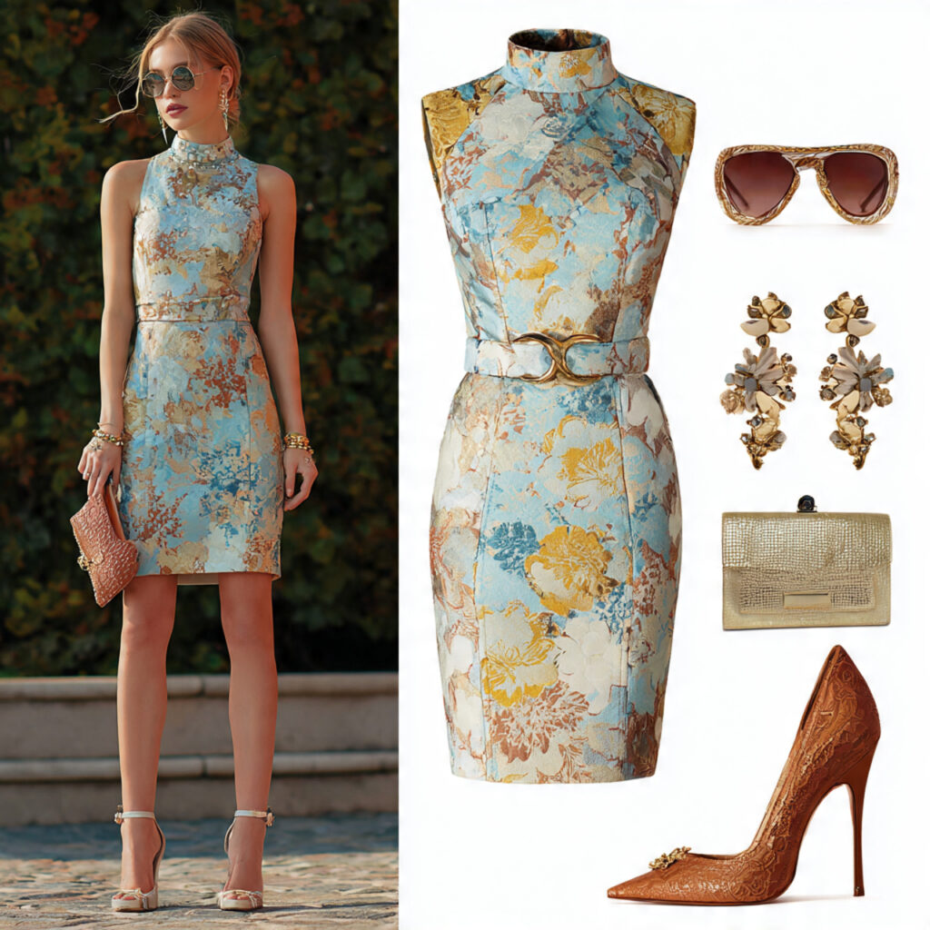 Brocade Floral Dress with Vintage Inspired Accessories