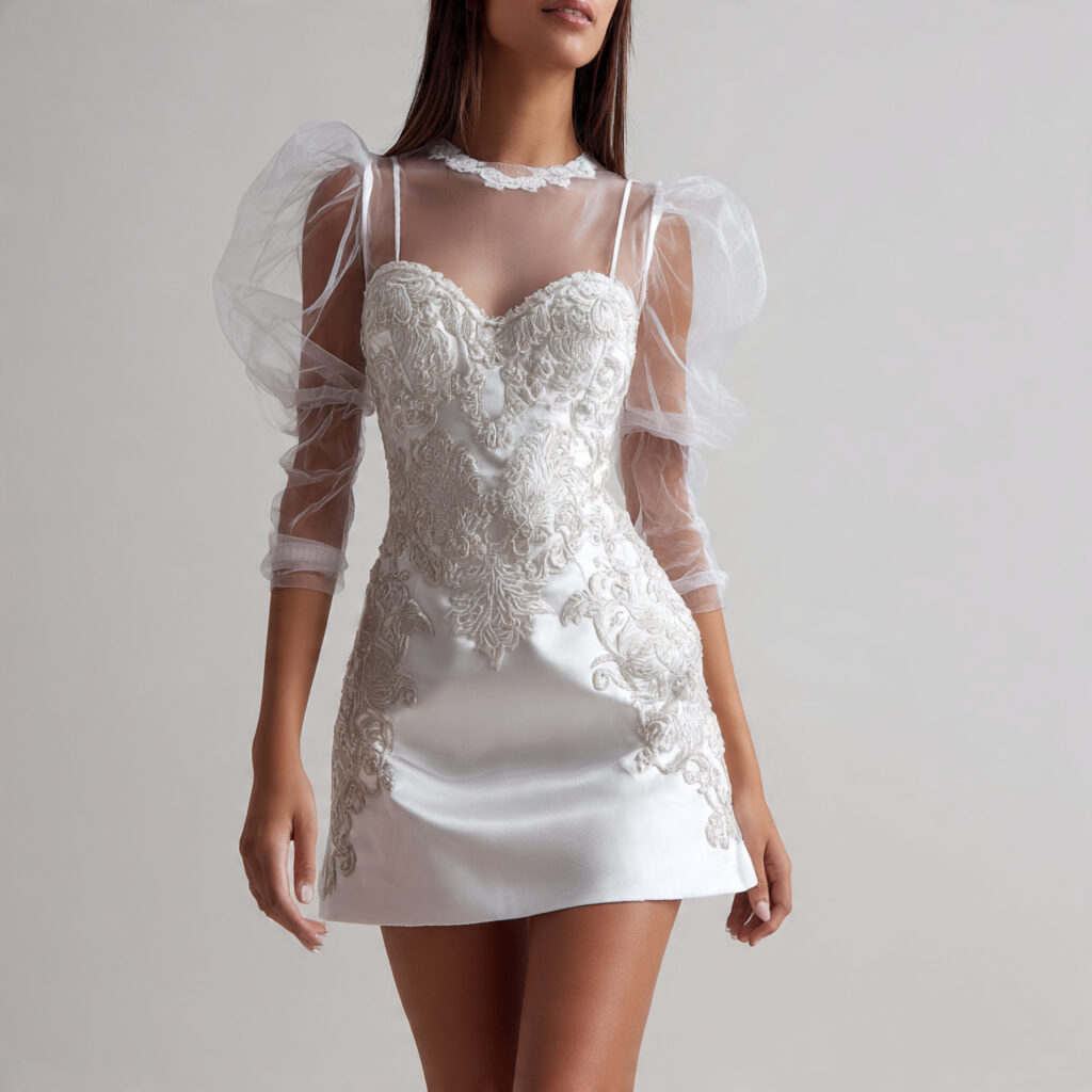 Brocade Mini Dress with Mesh Glovetts