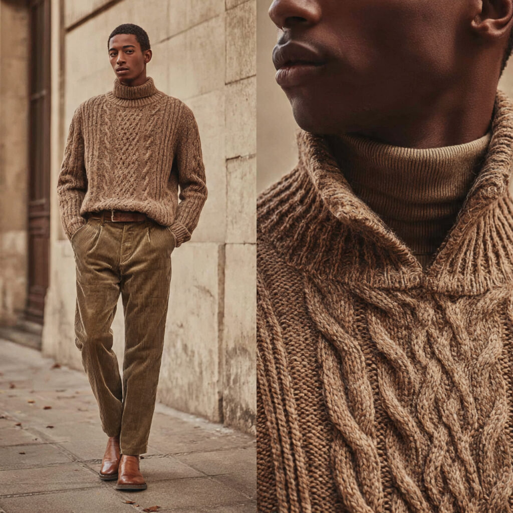 Cable Knit Sweater and Corduroy Trousers