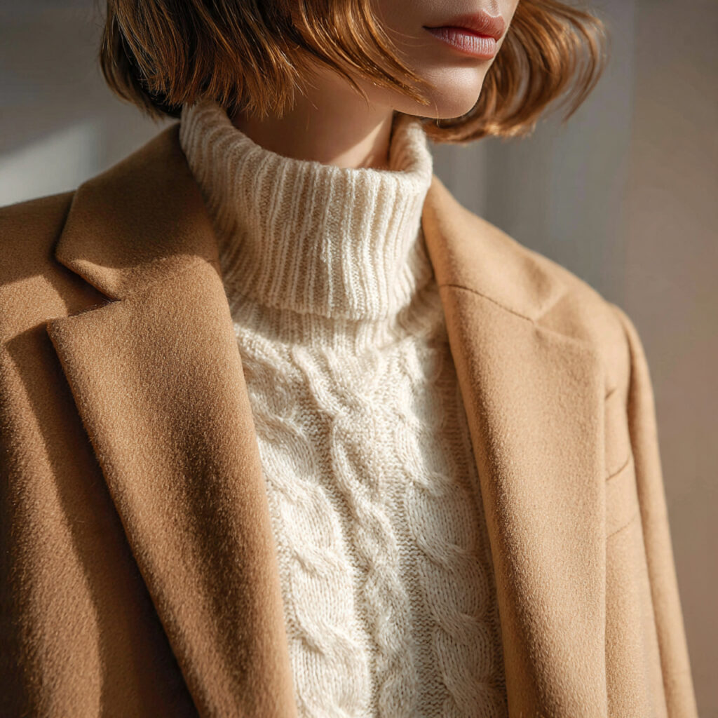 Camel Wool Coat with Cream Knitwear