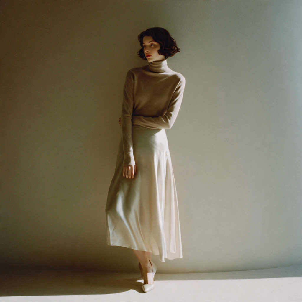 Cashmere Turtleneck and Silk Slip Skirt Combination