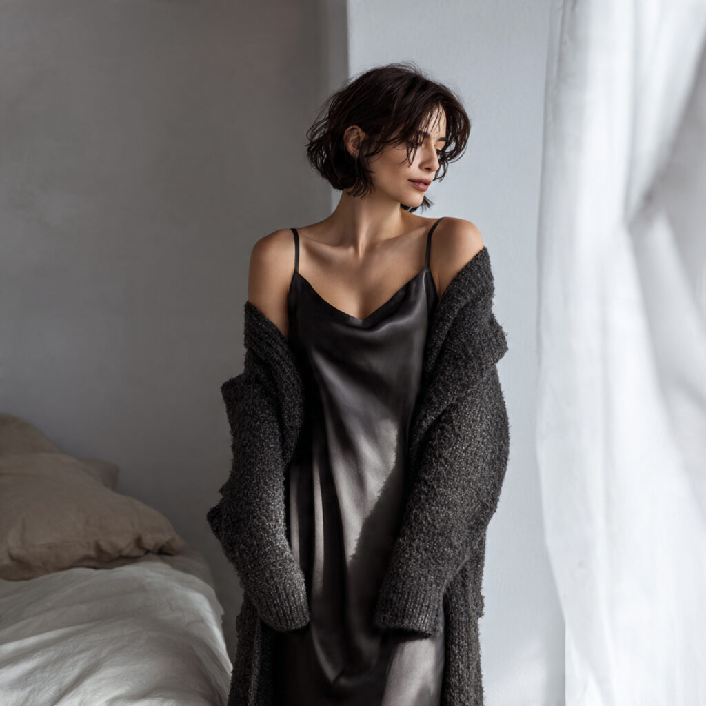 Charcoal Silk Slip Dress with Structured Cardigan