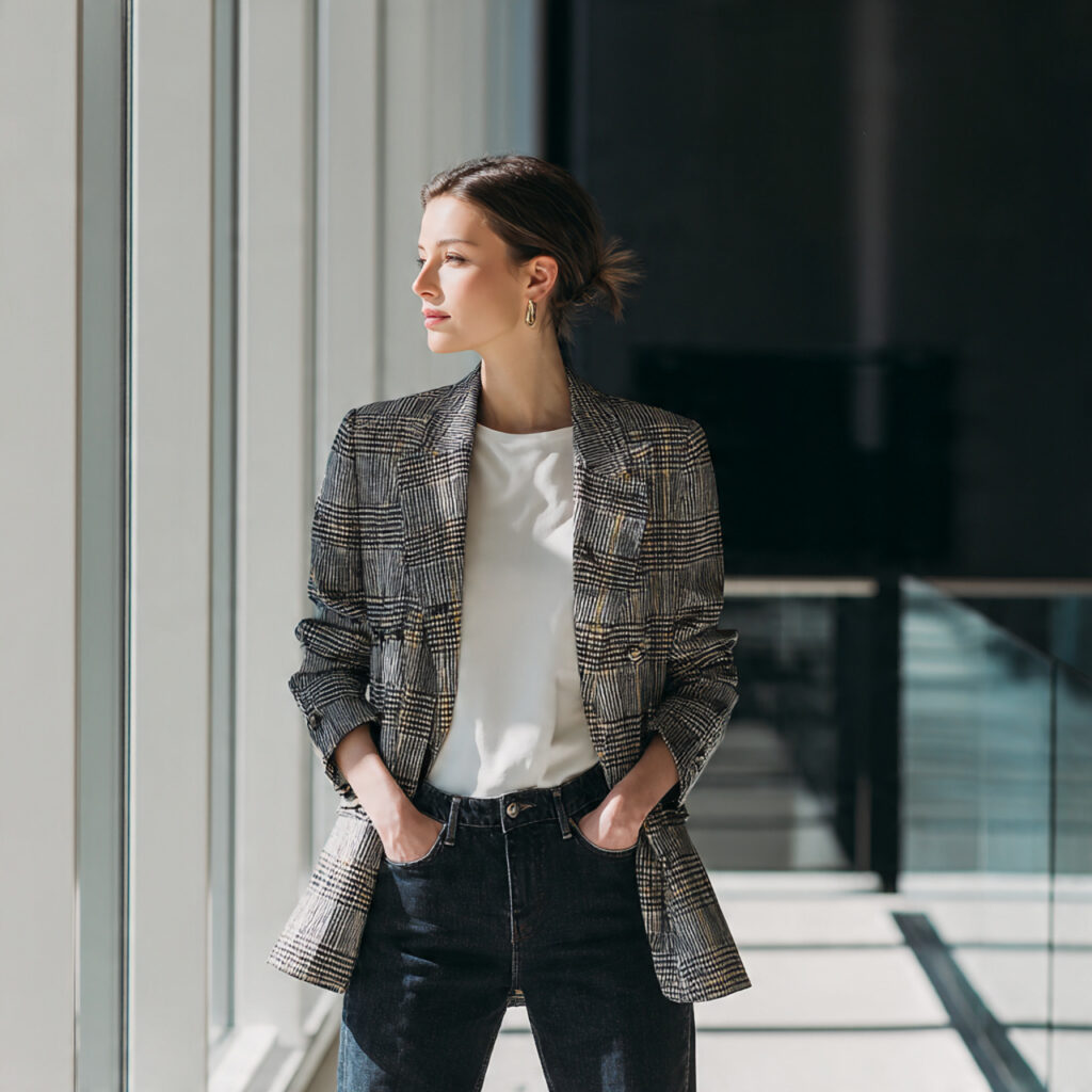Checkered Blazer and Denim Fusion Idea