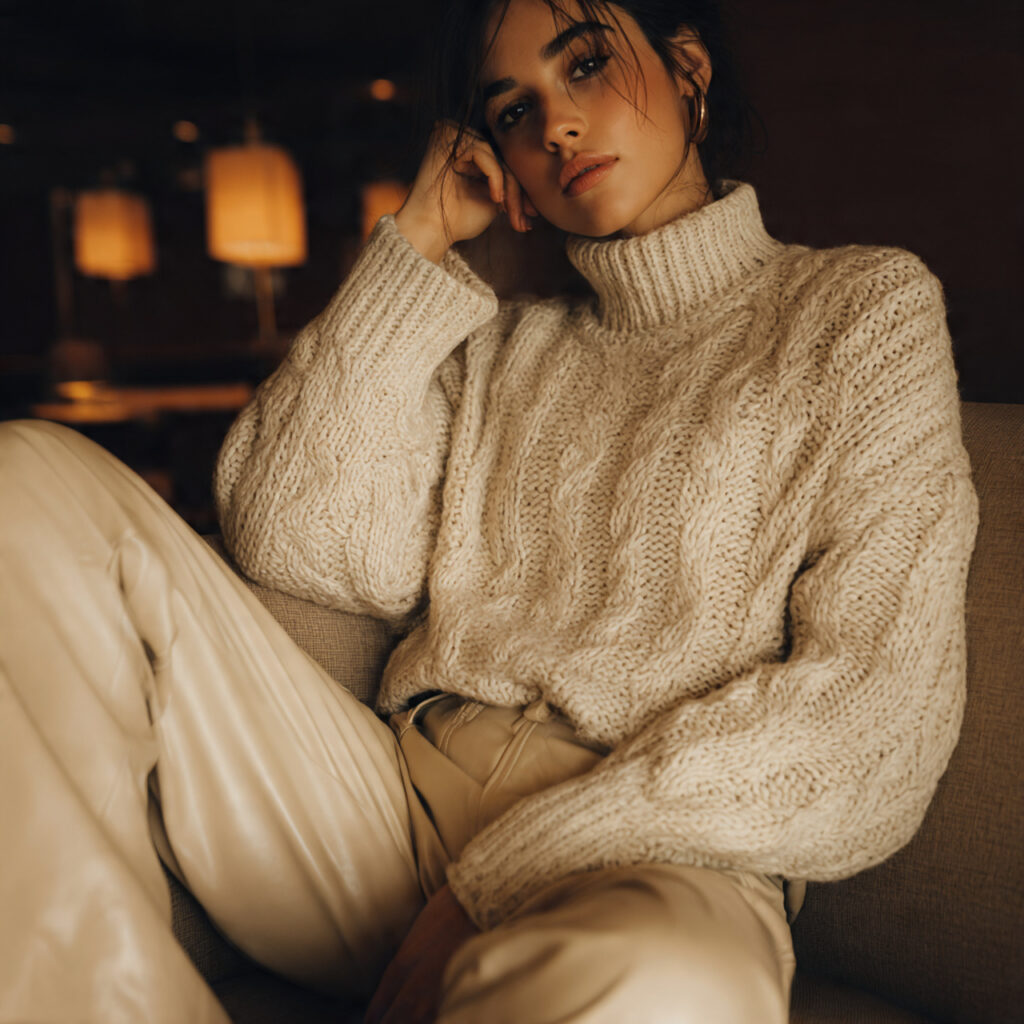 Chunky Cable Knit Sweater and Leather Trousers