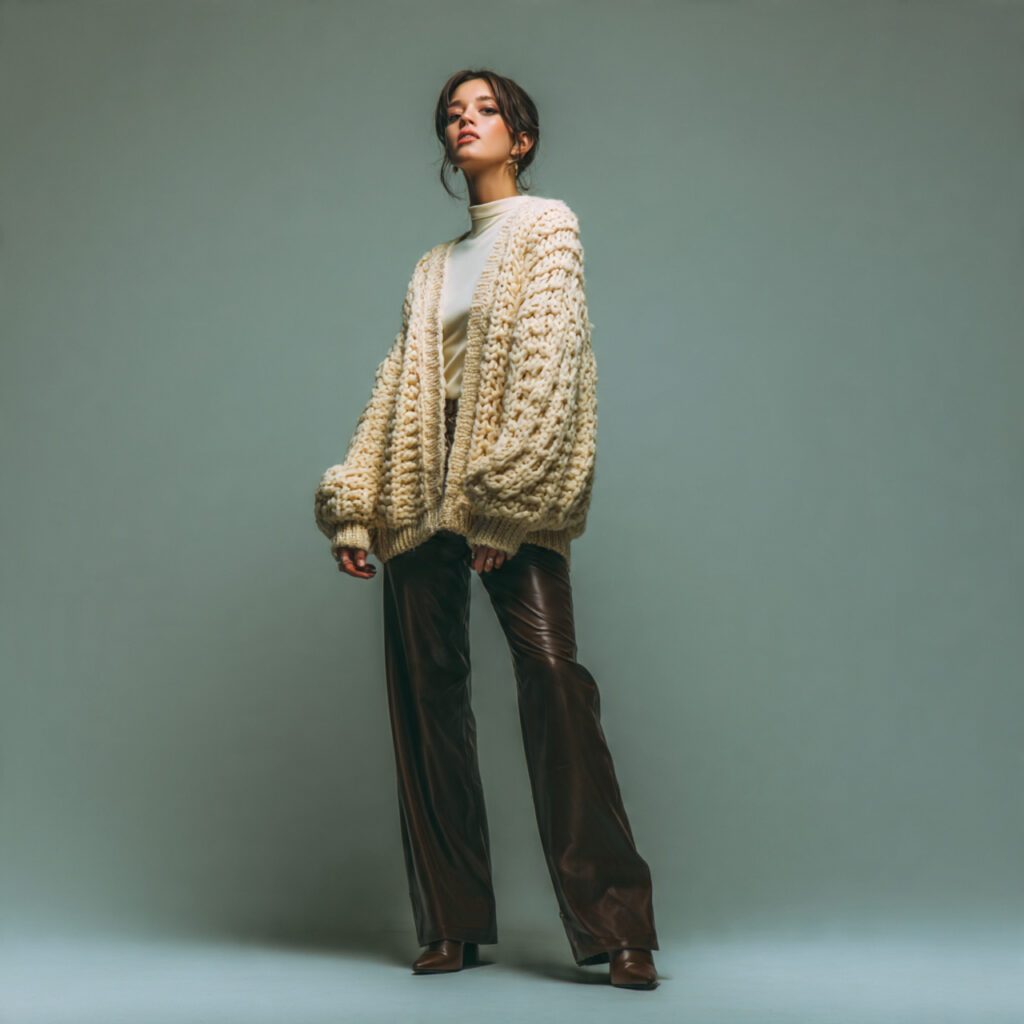 Chunky Cardigans with Leather Pants