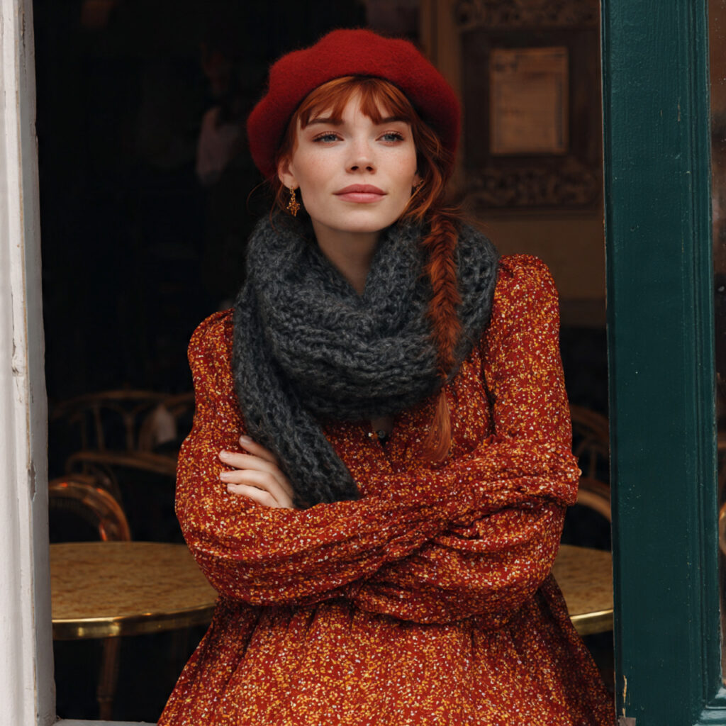 Chunky Scarf and Beret with Wrap Dress