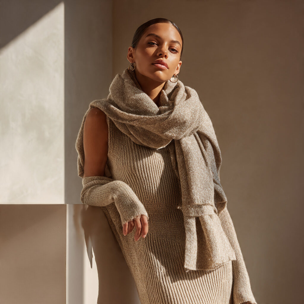 Chunky Scarf and Ribbed Knit Midi Dress