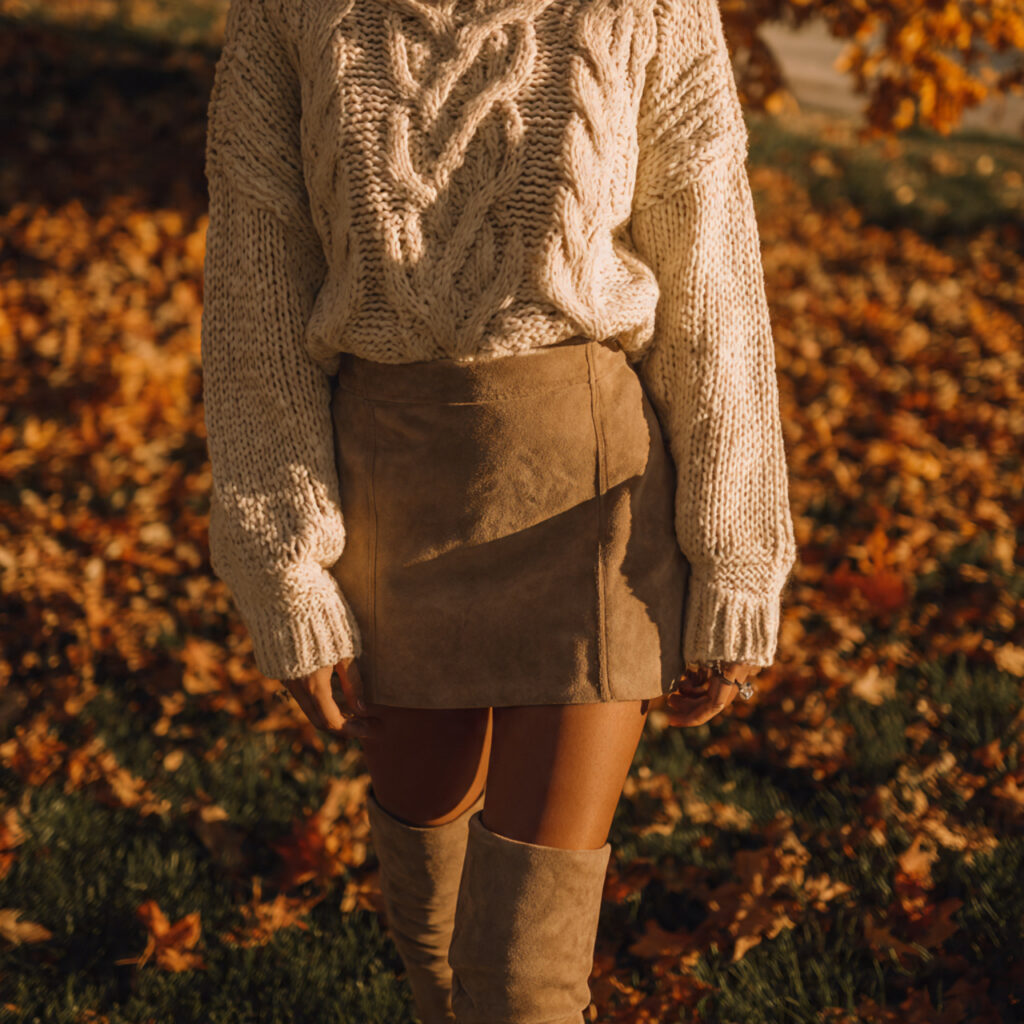 Chunky Turtleneck Knit and Suede Mini Skirt
