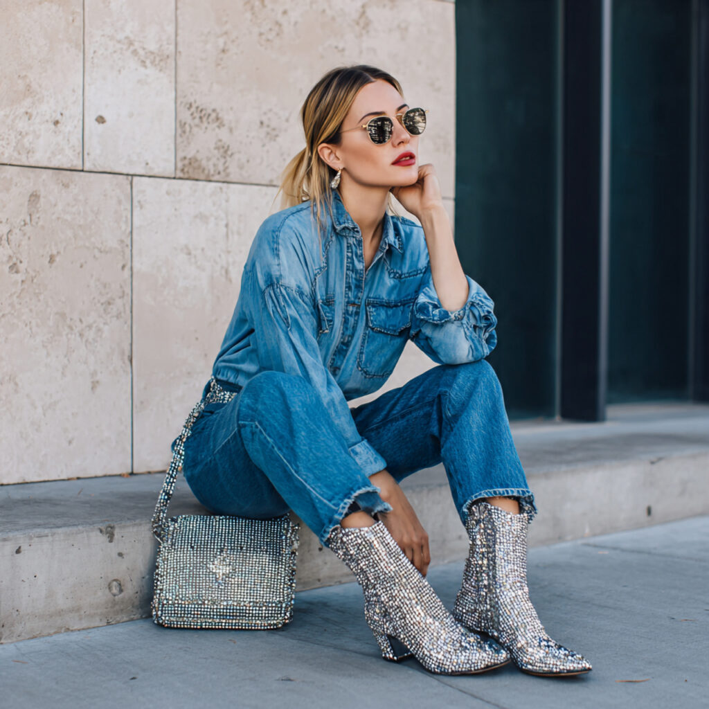 Classic Blue Denim and Rhinestone Boots