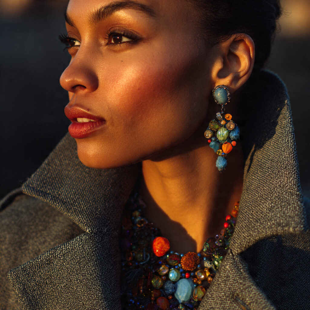Colorful Beaded Accessories and Wool Coats