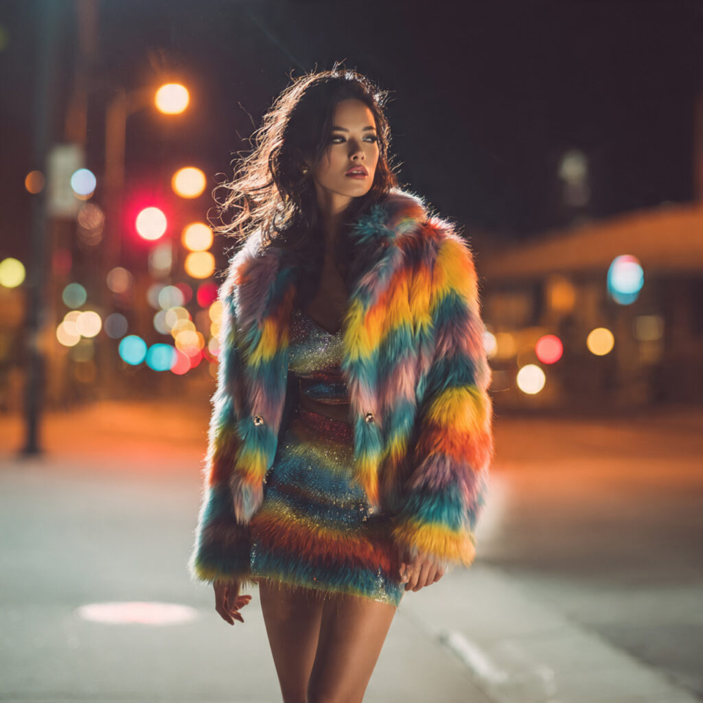 Colorful Faux Fur Coat and Mini Skirt
