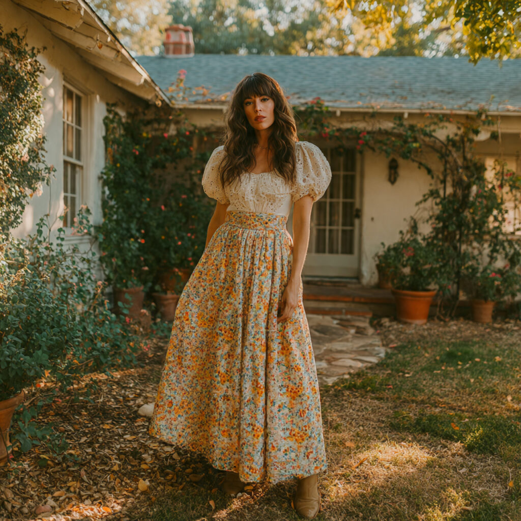 Cottagecore Floral Midi Skirt and Lace Top