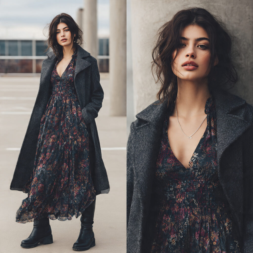 Dark Floral Maxi Dress with Heavy Boots
